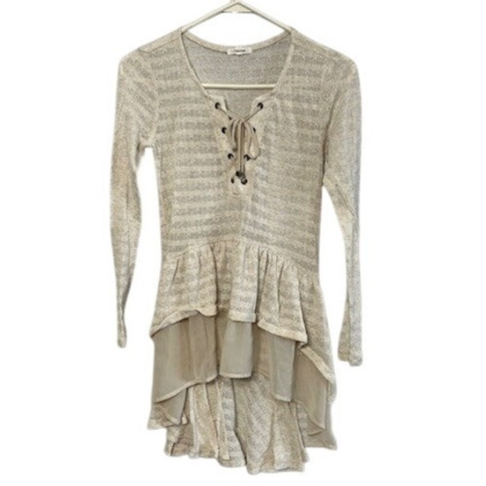 Maurices Women Beige Textured Knit Lace Up Peplum High Low Long Sleeve Top Small